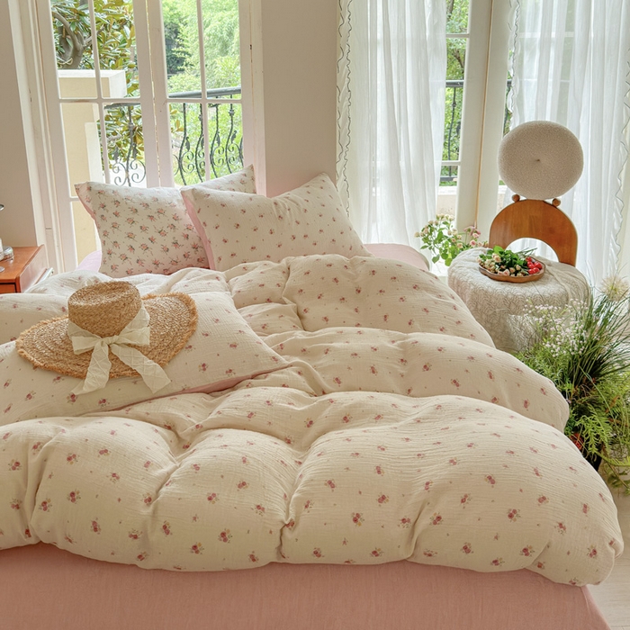 91家纺网 家纺一手货源 找家纺 木楌家居 2025春夏新品全棉A类皱皱纱印花四件套 璎珞