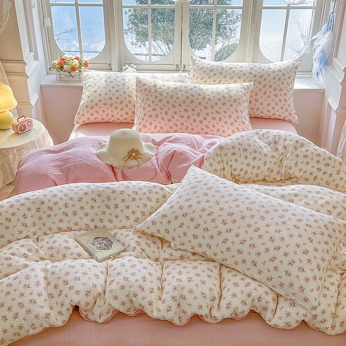 91家纺网 家纺一手货源 找家纺 木楌家居 2025春夏新品全棉A类皱皱纱印花四件套 悠然