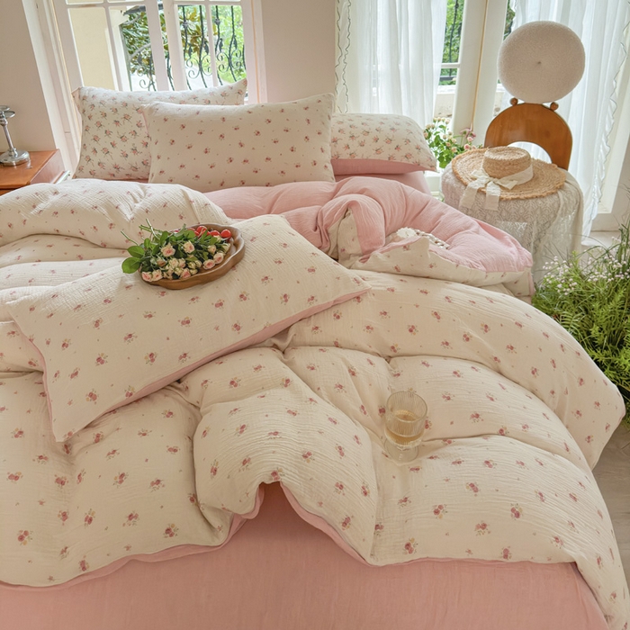 91家纺网 家纺一手货源 找家纺 木楌家居 2025春夏新品全棉A类皱皱纱印花四件套 璎珞