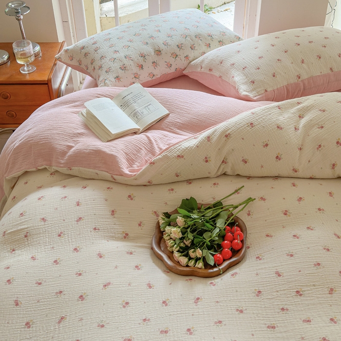 91家纺网 家纺一手货源 找家纺 木楌家居 2025春夏新品全棉A类皱皱纱印花四件套 璎珞