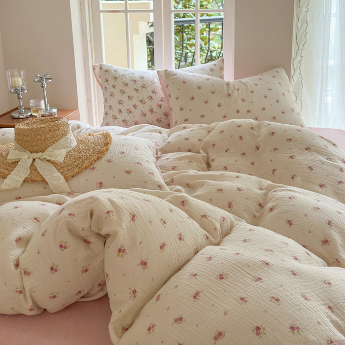 91家纺网 家纺一手货源 找家纺 木楌家居 2025春夏新品全棉A类皱皱纱印花四件套 璎珞