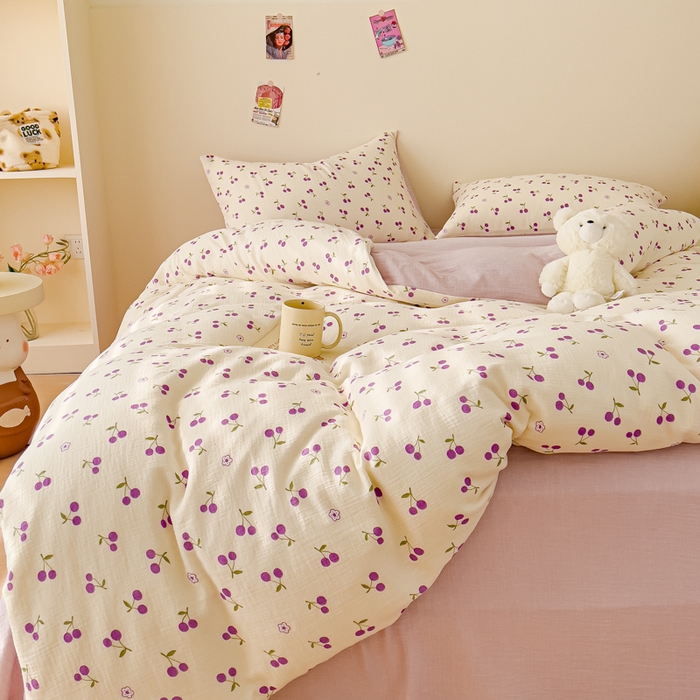 91家纺网 家纺一手货源 找家纺 木楌家居 2025春夏新品全棉A类皱皱纱印花四件套 樱桃