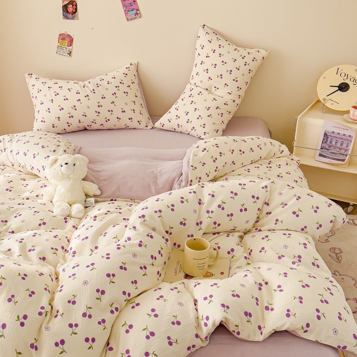 91家纺网 家纺一手货源 找家纺 木楌家居 2025春夏新品全棉A类皱皱纱印花四件套 樱桃