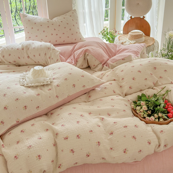 91家纺网 家纺一手货源 找家纺 木楌家居 2025春夏新品全棉A类皱皱纱印花四件套 璎珞