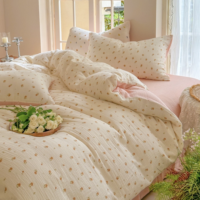 91家纺网 家纺一手货源 找家纺 木楌家居 2025春夏新品全棉A类皱皱纱印花四件套 春泥