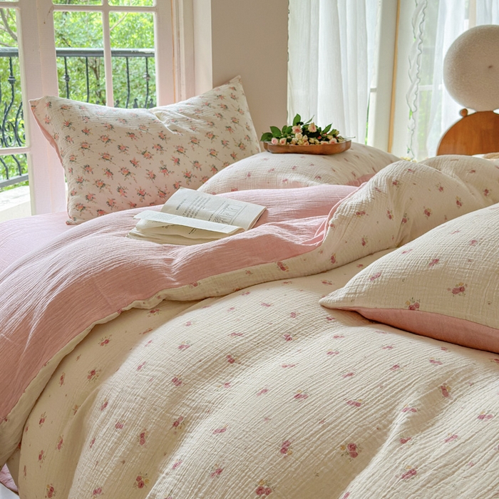 91家纺网 家纺一手货源 找家纺 木楌家居 2025春夏新品全棉A类皱皱纱印花四件套 璎珞