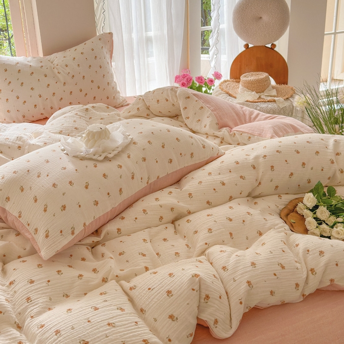 91家纺网 家纺一手货源 找家纺 木楌家居 2025春夏新品全棉A类皱皱纱印花四件套 春泥