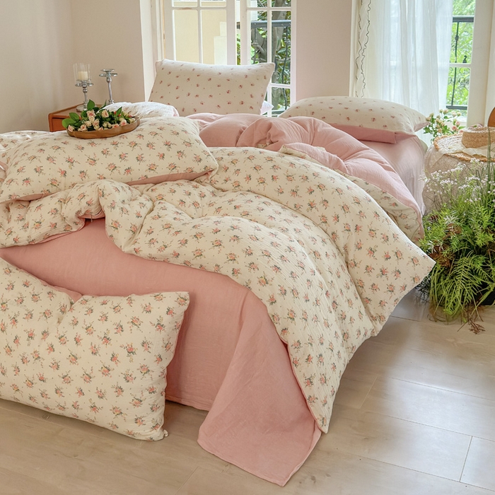 91家纺网 家纺一手货源 找家纺 木楌家居 2025春夏新品全棉A类皱皱纱印花四件套 浅汐