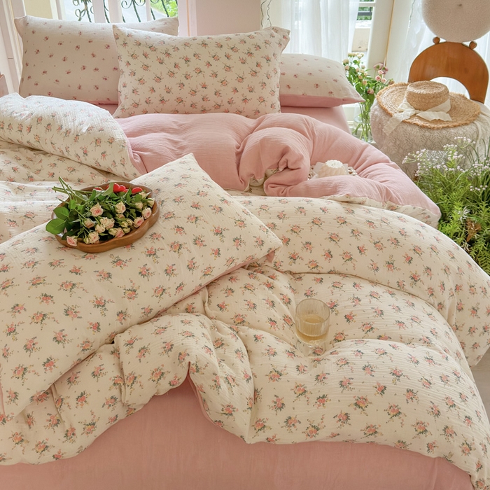 91家纺网 家纺一手货源 找家纺 木楌家居 2025春夏新品全棉A类皱皱纱印花四件套 浅汐