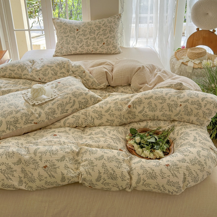 91家纺网 家纺一手货源 找家纺 木楌家居 2025春夏新品全棉A类皱皱纱印花四件套 木兰