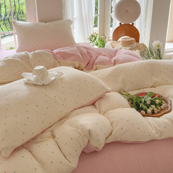 91家纺网 家纺一手货源 找家纺 木楌家居 2025春夏新品全棉A类皱皱纱印花四件套 奶油波点