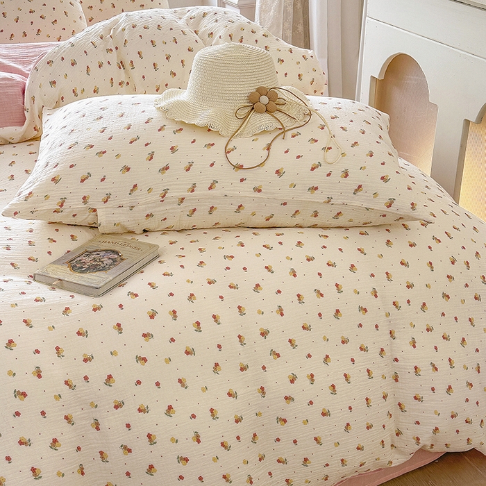 91家纺网 家纺一手货源 找家纺 木楌家居 2025春夏新品全棉A类皱皱纱印花四件套 黎夏  粉