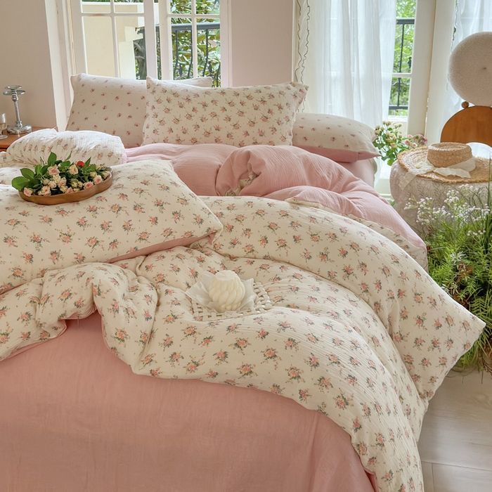 91家纺网 家纺一手货源 找家纺 木楌家居 2025春夏新品全棉A类皱皱纱印花四件套 浅汐