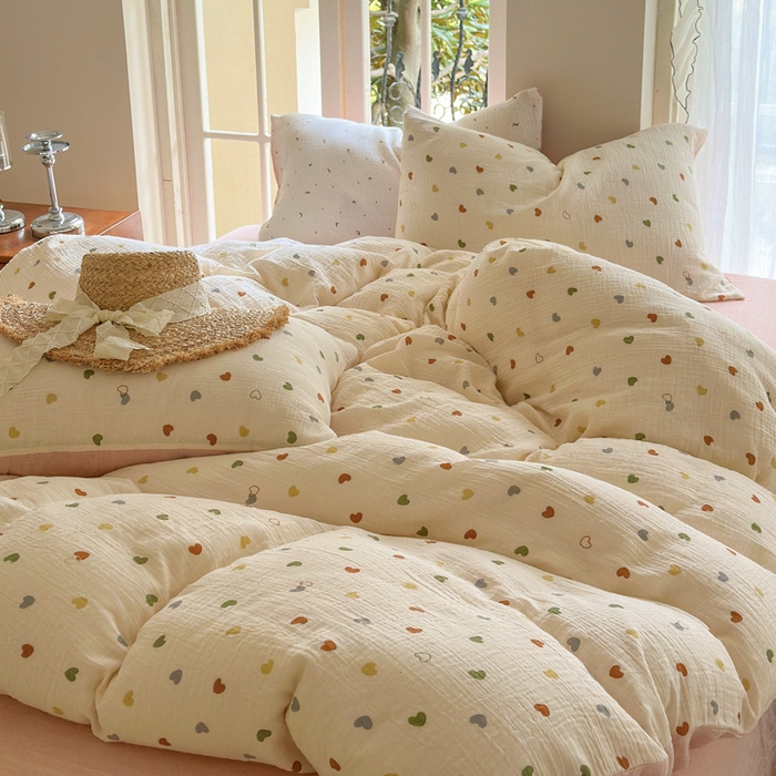 木楌家居 2025春夏新品全棉A类皱皱纱印花四件套 奶油爱心