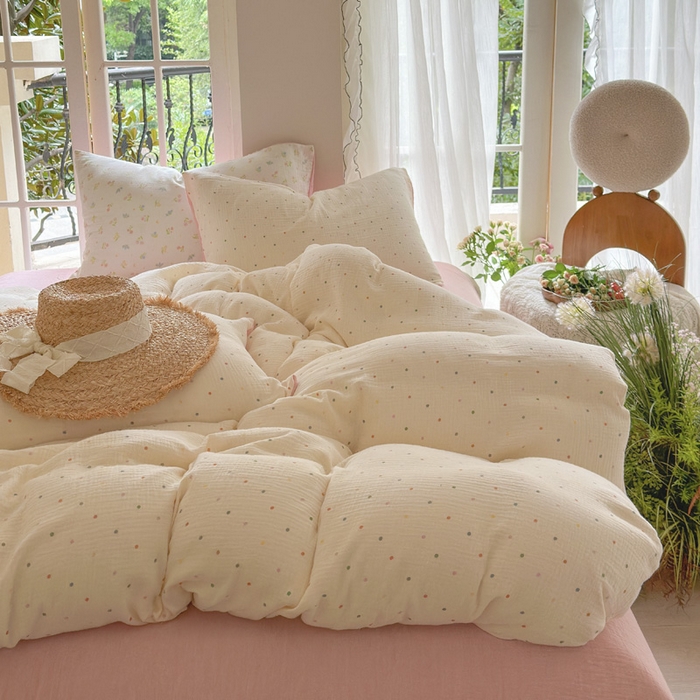 91家纺网 家纺一手货源 找家纺 木楌家居 2025春夏新品全棉A类皱皱纱印花四件套 奶油波点