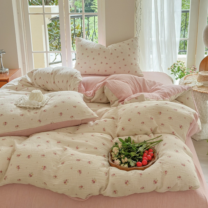 91家纺网 家纺一手货源 找家纺 木楌家居 2025春夏新品全棉A类皱皱纱印花四件套 璎珞