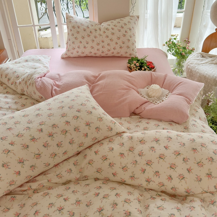 91家纺网 家纺一手货源 找家纺 木楌家居 2025春夏新品全棉A类皱皱纱印花四件套 浅汐