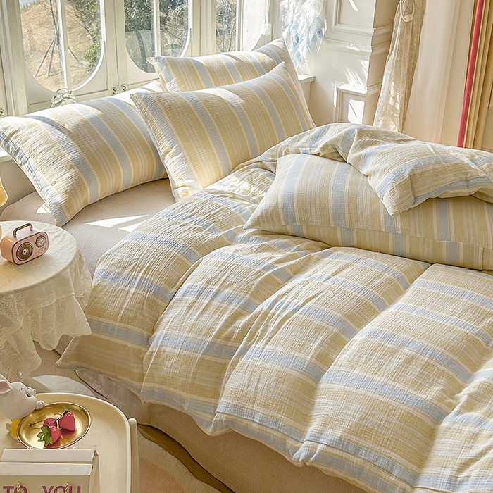 91家纺网 家纺一手货源 找家纺 木楌家居 2025春夏新品全棉A类皱皱纱印花四件套 时序 黄