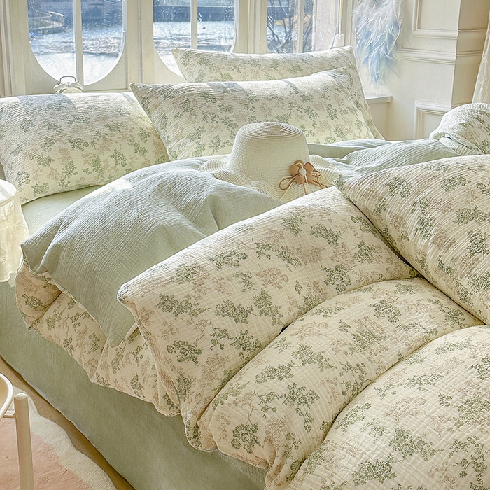 91家纺网 家纺一手货源 找家纺 木楌家居 2025春夏新品全棉A类皱皱纱印花四件套 清颜