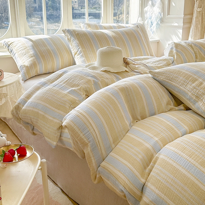 91家纺网 家纺一手货源 找家纺 木楌家居 2025春夏新品全棉A类皱皱纱印花四件套 时序 黄