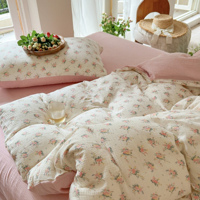 91家纺网 家纺一手货源 找家纺 木楌家居 2025春夏新品全棉A类皱皱纱印花四件套 浅汐