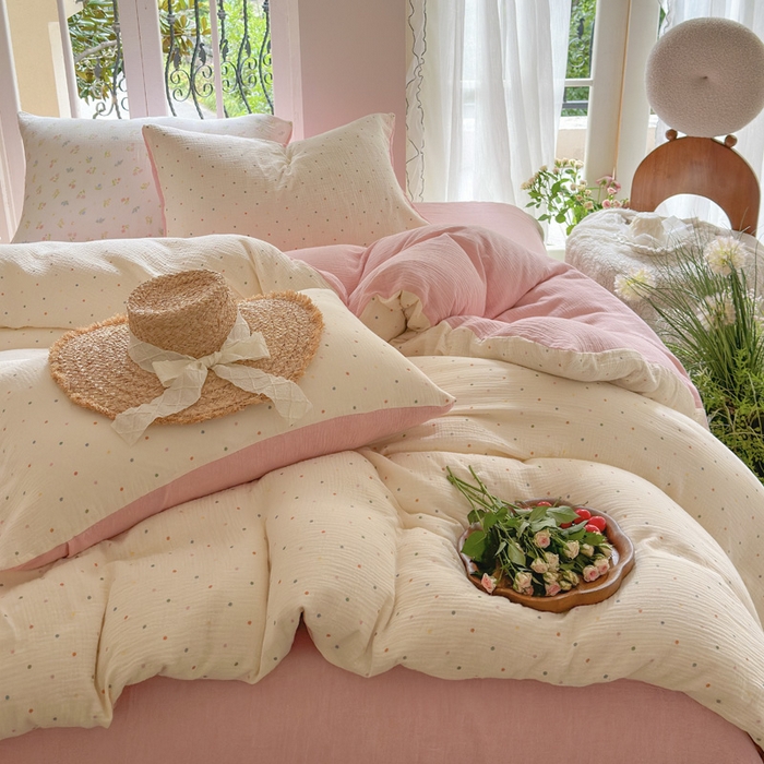 91家纺网 家纺一手货源 找家纺 木楌家居 2025春夏新品全棉A类皱皱纱印花四件套 奶油波点