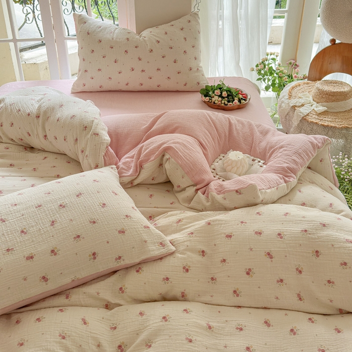 91家纺网 家纺一手货源 找家纺 木楌家居 2025春夏新品全棉A类皱皱纱印花四件套 璎珞