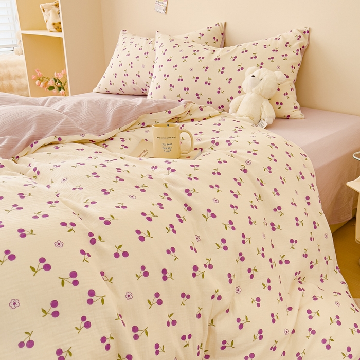 91家纺网 家纺一手货源 找家纺 木楌家居 2025春夏新品全棉A类皱皱纱印花四件套 樱桃