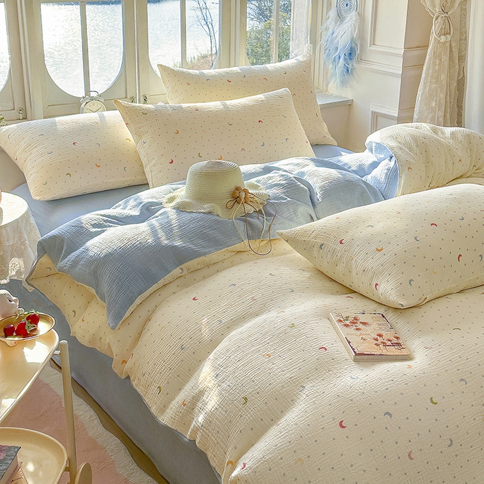 91家纺网 家纺一手货源 找家纺 木楌家居 2025春夏新品全棉A类皱皱纱印花四件套 月瑶