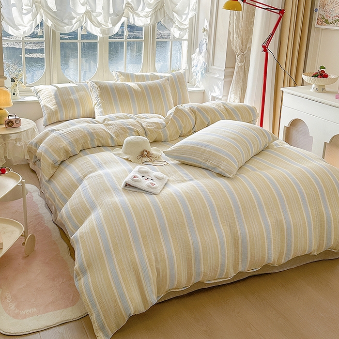 91家纺网 家纺一手货源 找家纺 木楌家居 2025春夏新品全棉A类皱皱纱印花四件套 时序 黄