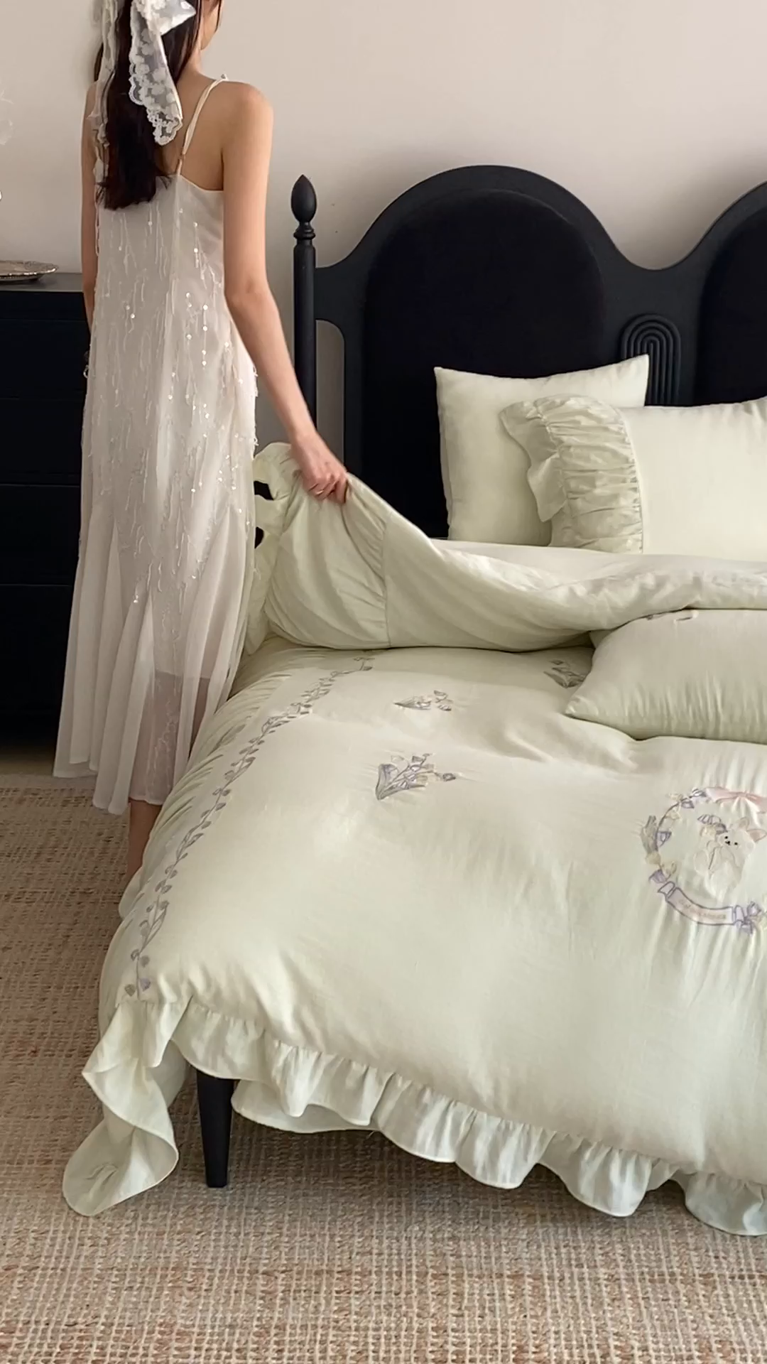 91家纺网 家纺一手货源 找家纺 曼布缇 2025新款A类双层纱工艺款四件套 春亭绿【会员减20元，劵后378元起】