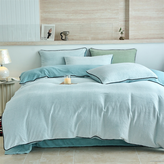 91家纺网 家纺一手货源 找家纺 兰紫橙家纺 2025新款牛奶绒嵌边提花剪花四件套（含买家秀） 心链-薄荷绿