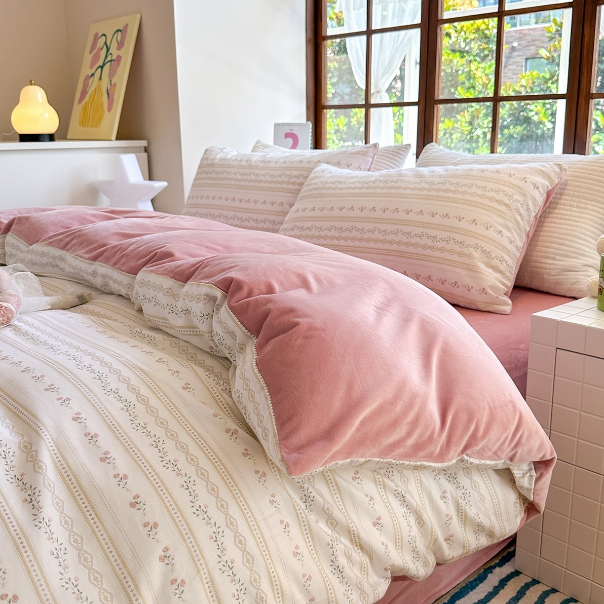 91家纺网 家纺一手货源 找家纺 清雅福 2025秋冬新品全棉印花棉加绒四件套系列 棉绒-樱桃花