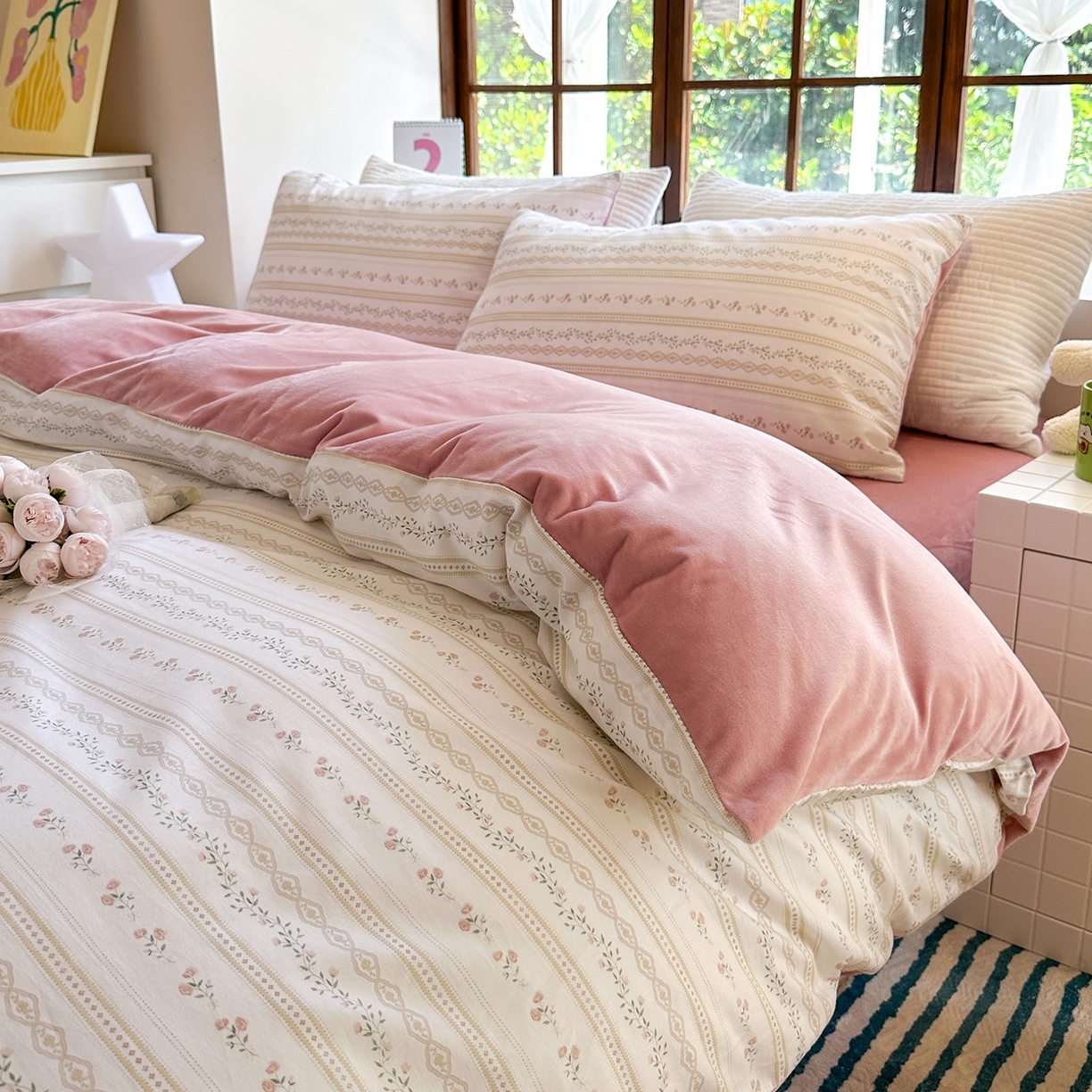 91家纺网 家纺一手货源 找家纺 清雅福 2025秋冬新品全棉印花棉加绒四件套系列 棉绒-樱桃花