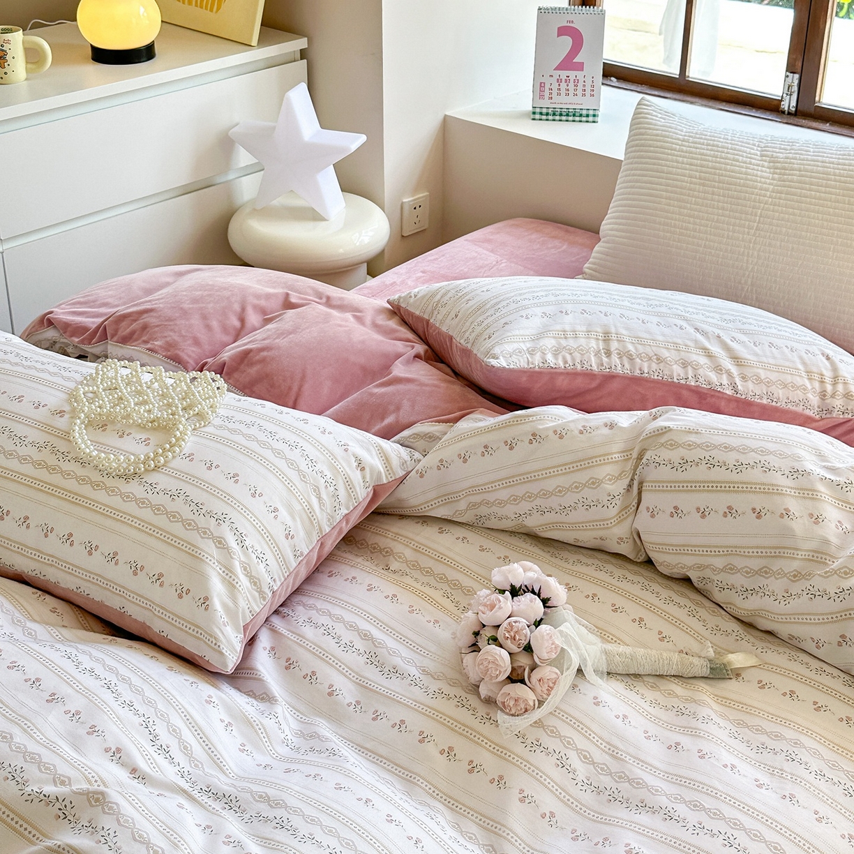 91家纺网 家纺一手货源 找家纺 清雅福 2025秋冬新品全棉印花棉加绒四件套系列 棉绒-樱桃花