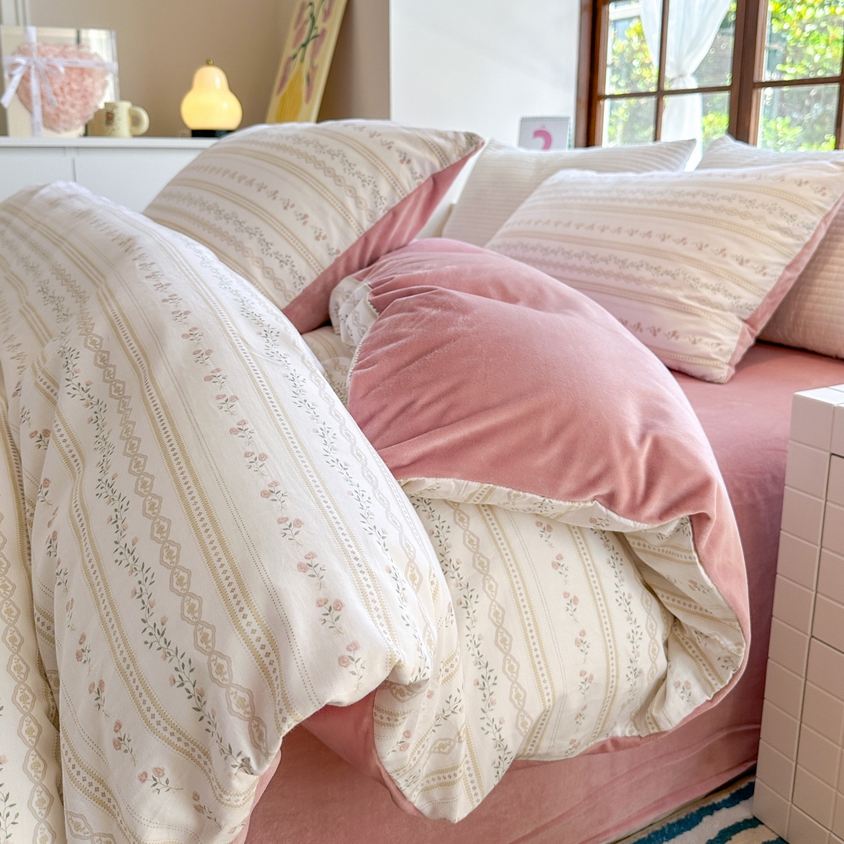 91家纺网 家纺一手货源 找家纺 清雅福 2025秋冬新品全棉印花棉加绒四件套系列 棉绒-樱桃花