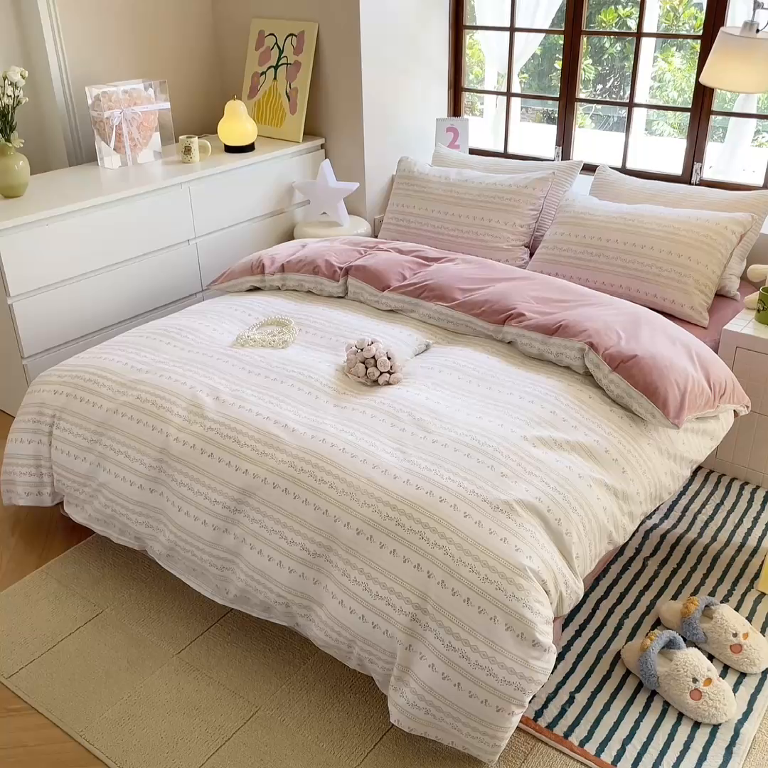 91家纺网 家纺一手货源 找家纺 清雅福 2025秋冬新品全棉印花棉加绒四件套系列 棉绒-樱桃花