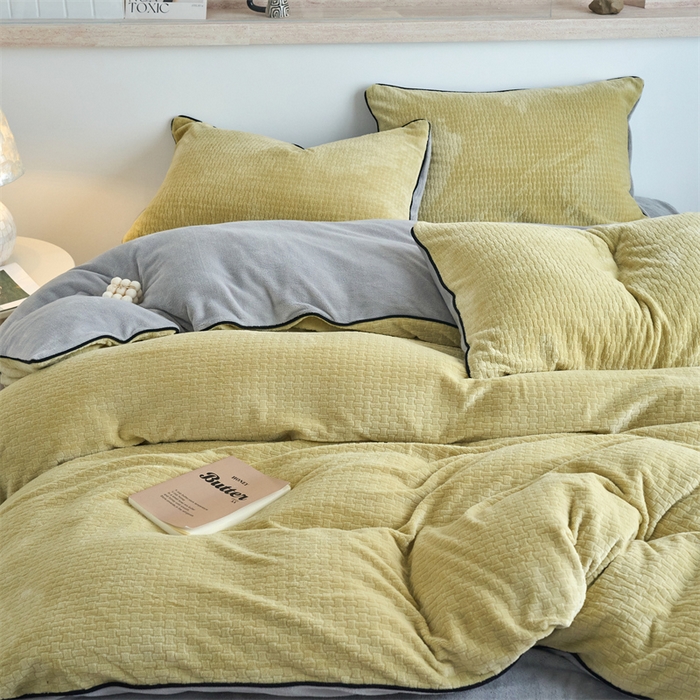 91家纺网 家纺一手货源 找家纺 兰紫橙家纺 2025新款牛奶绒嵌边提花剪花四件套（含买家秀） 心链-奶油黄