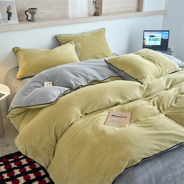 91家纺网 家纺一手货源 找家纺 兰紫橙家纺 2025新款牛奶绒嵌边提花剪花四件套（含买家秀） 心链-奶油黄