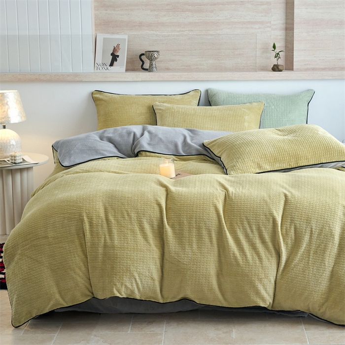 91家纺网 家纺一手货源 找家纺 兰紫橙家纺 2025新款牛奶绒嵌边提花剪花四件套（含买家秀） 心链-奶油黄