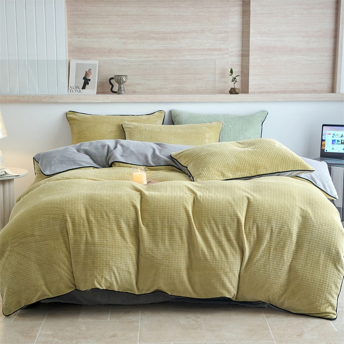 91家纺网 家纺一手货源 找家纺 兰紫橙家纺 2025新款牛奶绒嵌边提花剪花四件套（含买家秀） 心链-奶油黄