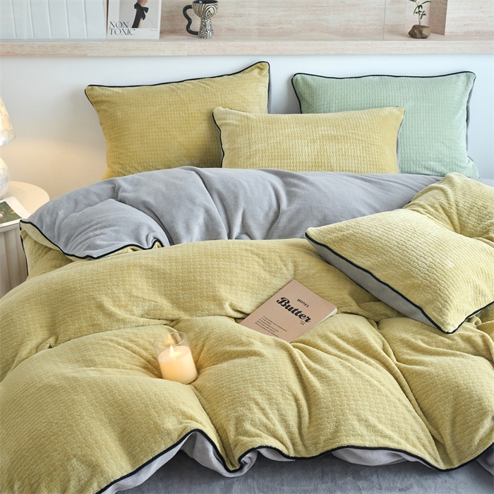 91家纺网 家纺一手货源 找家纺 兰紫橙家纺 2025新款牛奶绒嵌边提花剪花四件套（含买家秀） 心链-奶油黄