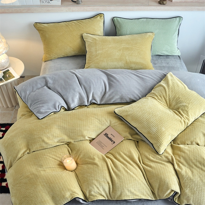 91家纺网 家纺一手货源 找家纺 兰紫橙家纺 2025新款牛奶绒嵌边提花剪花四件套（含买家秀） 心链-奶油黄