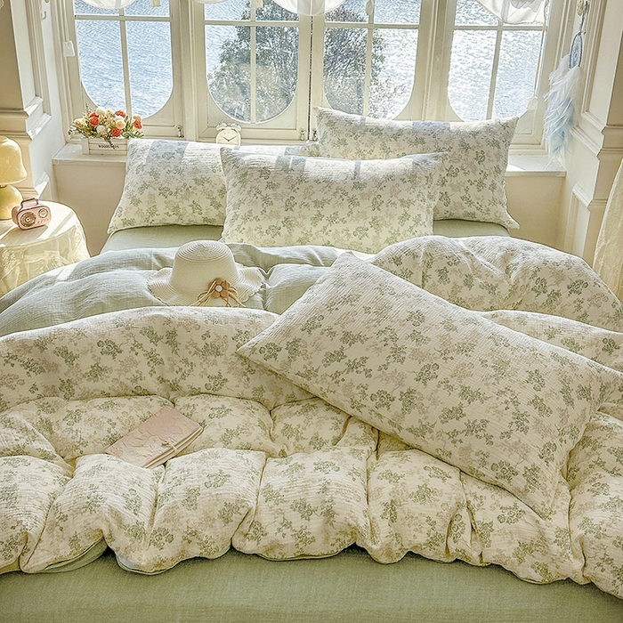 91家纺网 家纺一手货源 找家纺 木楌家居 2025新款A类全棉皱皱纱印花四件套 清颜