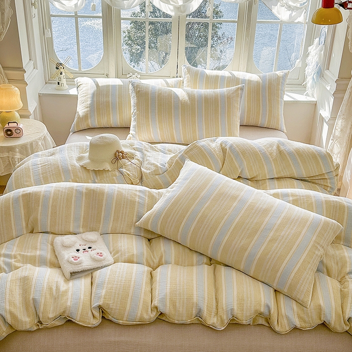 91家纺网 家纺一手货源 找家纺 木楌家居 2025新款A类全棉皱皱纱印花四件套 时序 黄