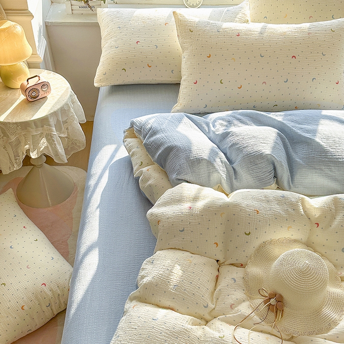 91家纺网 家纺一手货源 找家纺 木楌家居 2025新款A类全棉皱皱纱印花四件套 月瑶