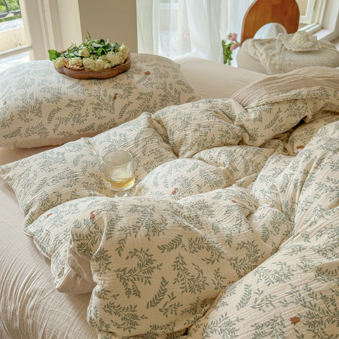 91家纺网 家纺一手货源 找家纺 木楌家居 2025新款A类全棉皱皱纱印花四件套 木兰