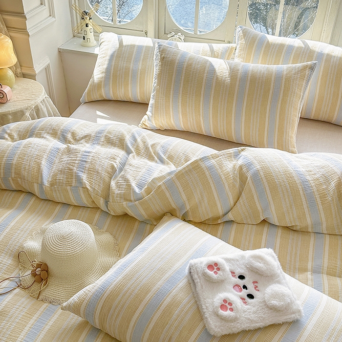 91家纺网 家纺一手货源 找家纺 木楌家居 2025新款A类全棉皱皱纱印花四件套 时序 黄