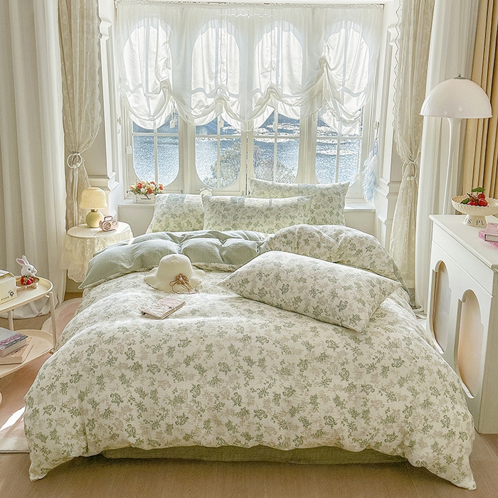 91家纺网 家纺一手货源 找家纺 木楌家居 2025新款A类全棉皱皱纱印花四件套 清颜