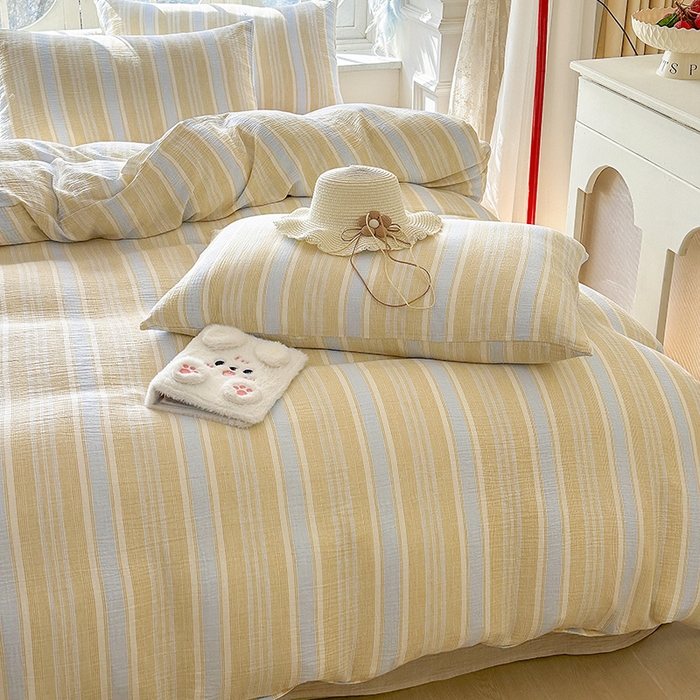 91家纺网 家纺一手货源 找家纺 木楌家居 2025新款A类全棉皱皱纱印花四件套 时序 黄